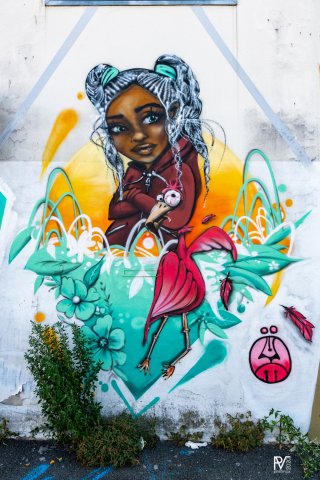 Graf : réalisé par Lüle sur une grande fresque au Secours Populaire, rue Belcier à Bordeaux, en juillet 2018Photo : Philippe - 08/2020