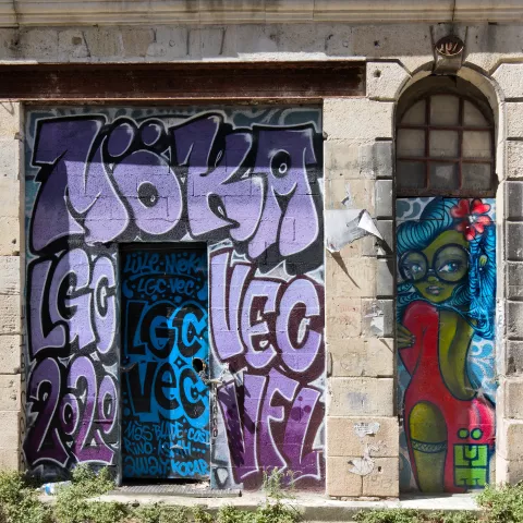 Graf : réalisé par Möka (partie gauche) et Lüle (personnage) rue de Camille Sauvageau à Bordeaux en 2016 et repris pour par Moka en mai 2020Photo : Stéphane - 07/2020