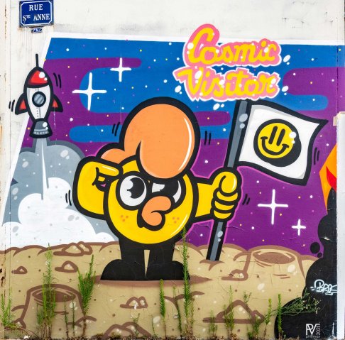 Graf : Philippe Poulet rue Sainte Anne à Bordeaux. Réalisé pour le compte du Secours Populaire avec de nombreux autres graffeurs en juillet 2018Photo: Philippe - 07/2020